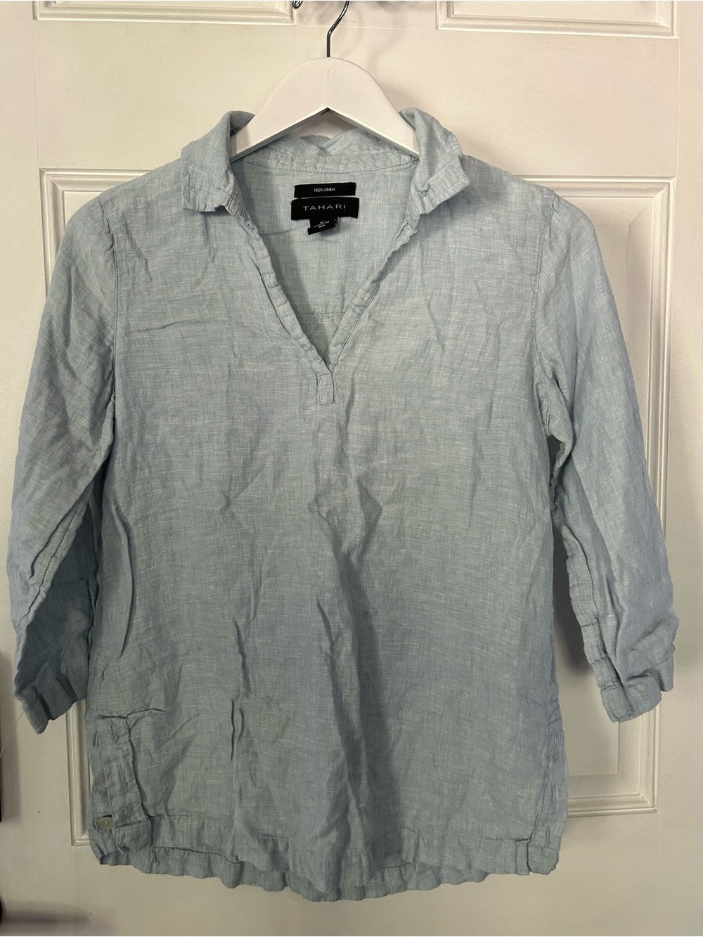 Tahari Pale Blue Linen Split-Neck Tunic